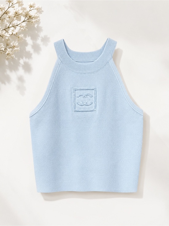 The Unbranded Brand Tops - Sky Blue Knit Halter Tank with Embossed CC